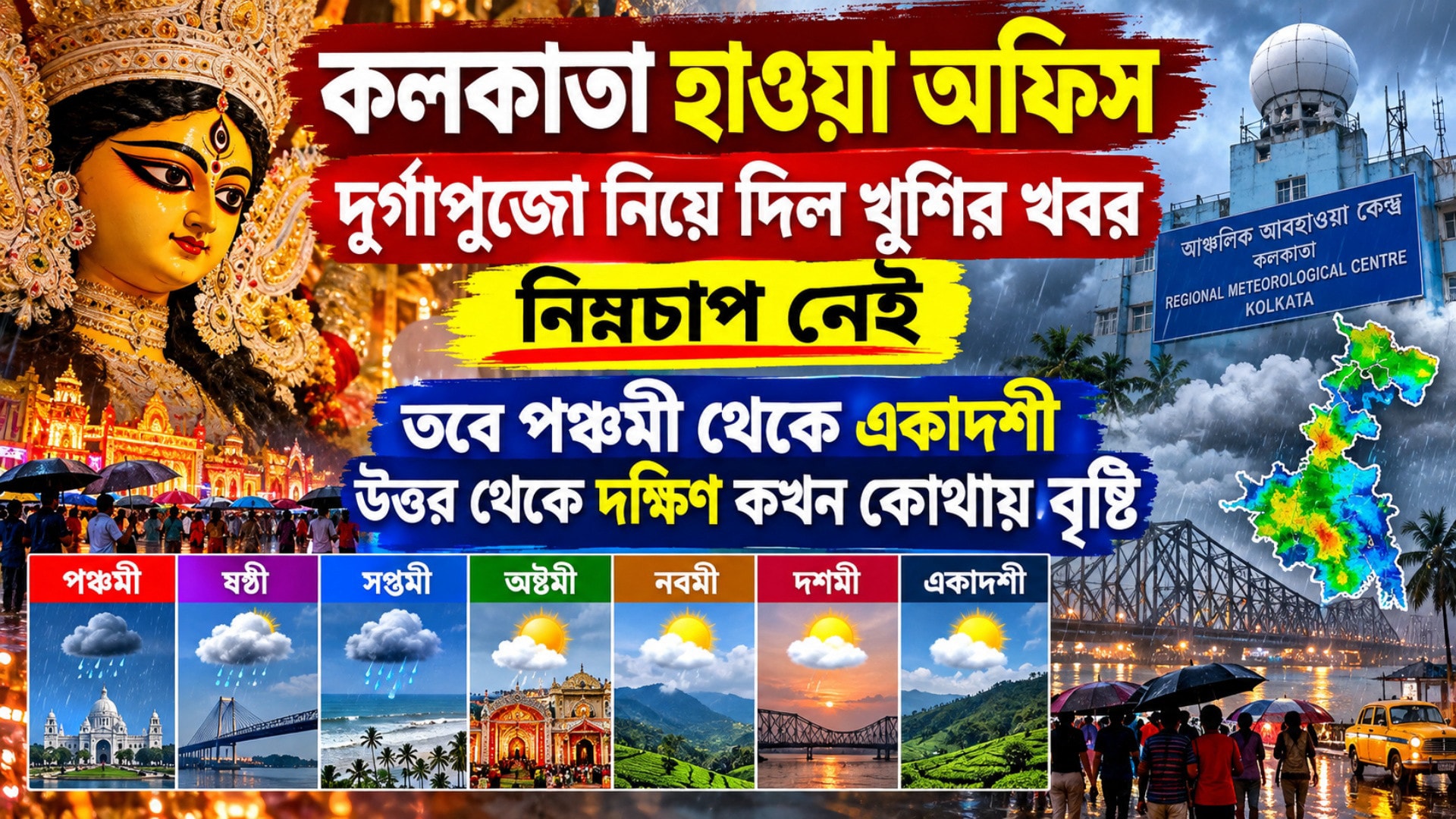 কলকাতা হাওয়া অফিস দুর্গাপুজো নিয়ে দিল খুশির খবর, নিম্নচাপ নেই, তবে পঞ্চমী থেকে একাদশী উত্তর থেকে দক্ষিণ কখন কোথায় বৃষ্টি